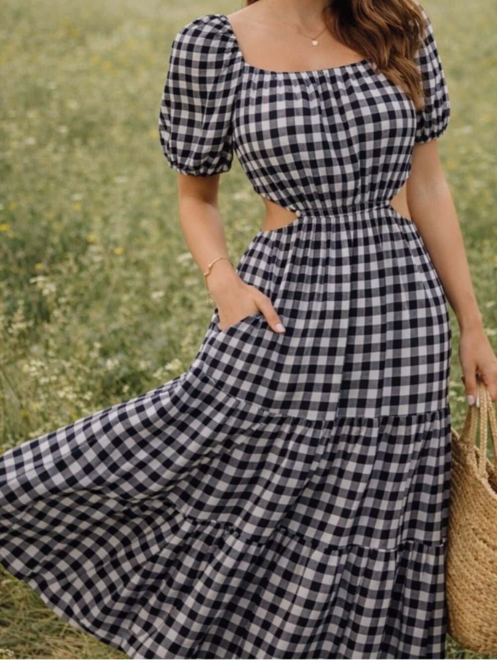 The Drop Anaya Square Neck puff sleeve Black White Gingham sundress Maxi Dress M